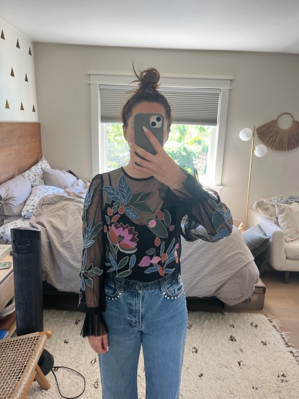 Anthropologie Black Sheer Floral Embroidered Blouse